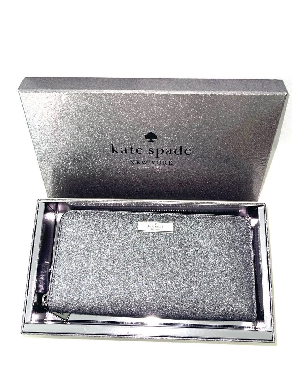 kate spade Kenzie Silver Glitter Zip Wallet with Logo Plaque